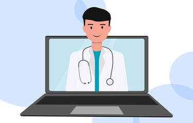 Online consultation with a doctor. The doctor looks from the laptop screen. Coronavirus consultation, treatment at home. Vector illustration