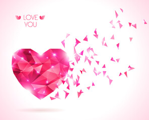 Pink origami heart on white backdrop. Vector Illustration. Abstract polygonal heart. Love symbol. Lights and pink sparkles. Low-poly colorful style. Romantic background for Valentines day.