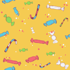 Colorful wrapped candies seamless background vector illustration. Hand drawn doodle sketch. vector illustration Wrapping paper