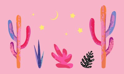 Set of cacti. Vector illustration. Summer cactus in the desert on a pink background. Vector set of cactus, aloe, leaves, monstera. Collection of exotic plants. Cactus with flowers. Mexico. Mexican