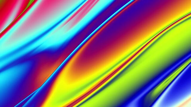 Abstract colorful wavy background in bright blue, orange, green and red color. Halographic gradient. Multicolor metallic surface. Modern colorful wallpaper. Seamless loop animation. 3d rendering.