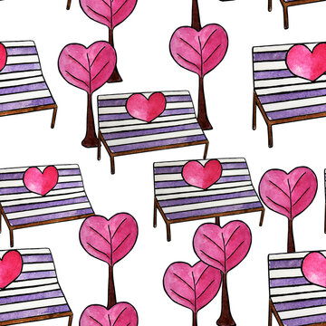 Park of lovers colorful illustration for valentine's day trees and benches in the form of a heart. Watercolor seamless pattern.