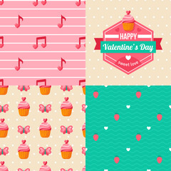 Seamless patterns of Valentine symbols and label Happy Valentine's Day. Use to create quilting patches or seamless backgrounds for various craft projects. Sweet cupcake, love music backgrounds.