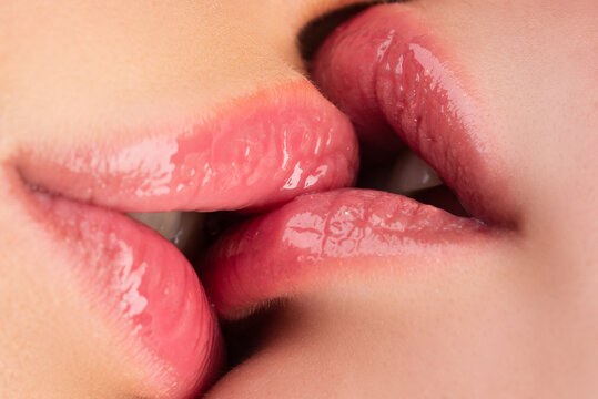 Lesbian Couple Kiss Lips. Sensual Lesbians. Sexy Mouth.