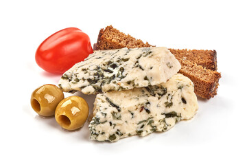 Blue cheese pieces, isolated on white background