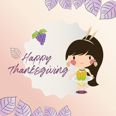 Happy thanksgiving day card with a girl cartoon - Vector