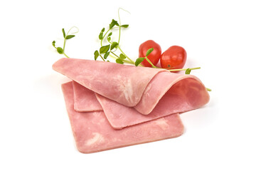 Boiled Ham Slices, close-up, isolated on a white background
