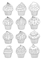 Cup cake set, decorated cupcakes with hearts stars and birthday candle, page for adult colouring book