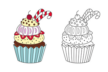 Outlined doodle anti-stress coloring sweet cakes. Coloring book page for adults and children