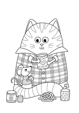 Doodle coloring book page cute fat cat and little mouse are drinking tea. Anti-stress for adults.