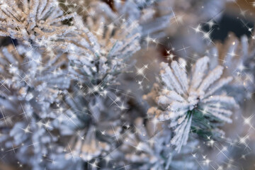 Decorated Christmas tree on blurred, sparkling and fairy background. Winter snow background decorated with tree branches.Blue spruce, beautiful Christmas and New Year Xmas tree art design, close up