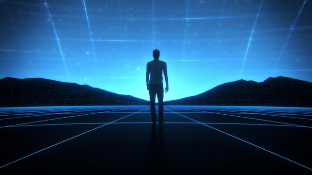 3D Man walking in a Cyberspace Landscape Loop SynthWave Background
