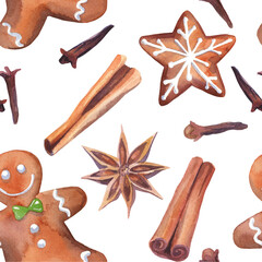 Watercolor Christmas seamless textures. Gingerbread, pine, cinnamon & xmas