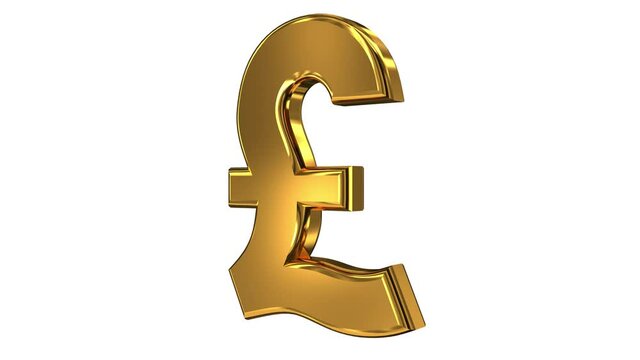 3D animation seamless loop of a golden pound of sterling symbol rotates isolated on a white background. 4K resolution