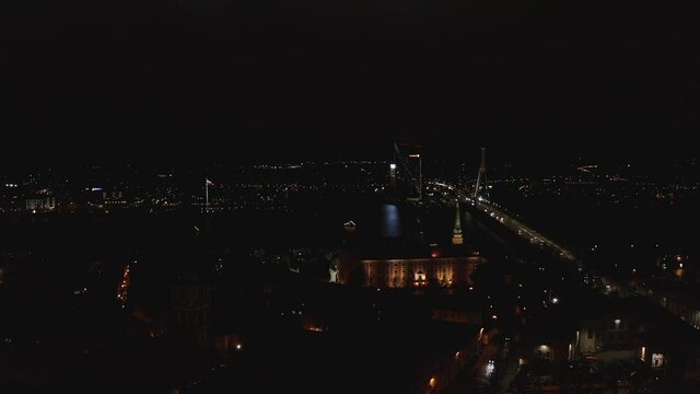Flying over Riga at night during Staro Riga event. Beautiful illumination of Riga, Latvia.