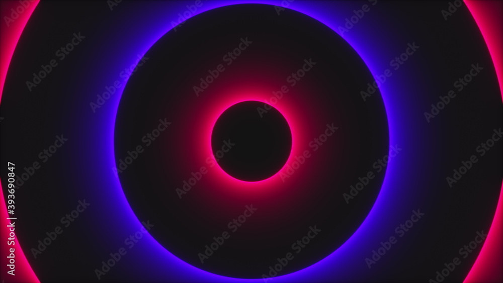 Poster abstract neon circles, computer generated. 3d rendering of futuristic shining backdrop