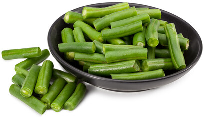 green beans in a black plate isolated on white background. Clipping path and full depth of field