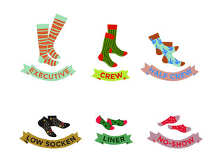 Types of socks set. No-show, low-cut. Socks with titles, vector illustration.
Colorful funny Socks Set.
