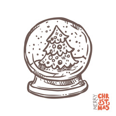 Christmas decorative snow globe with festive tree in vector. Doodle illustration in sketch hand drawn style