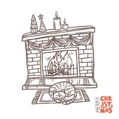 Christmas fireplace fith fire, decoration and sleeping cat. Vector sketch hand drawn illustrtaion