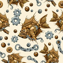 Cercles muraux Dessiner Steampunk Piranha Killer Retro Machine avec Big Mâchoires Seamless Répétez l& 39 illustration vectorielle