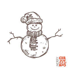 Illustration of funny snowman with Santa's hat and knitted scarf in vector. Doodle Christmas hand drawn sketch