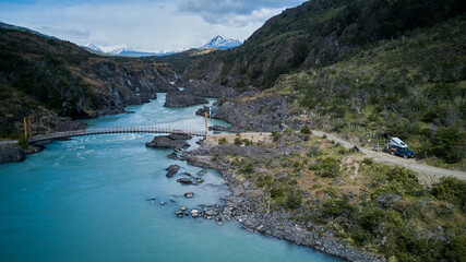 aerial of Rio Baker with white water rapids and turquoise river along the Carretera Austral, Patagonia, Chile, South America