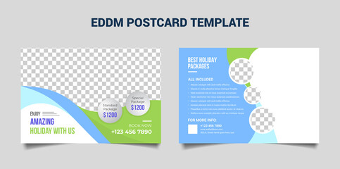 Corporate creative modern eddm travel postcard template design with red shape and fully editable file.