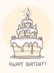 Greeting card with big birthday cake contour drawing. Illustration.