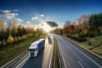 Three trucks driving on the asphalt highway in autumn forested landscape at sunset
