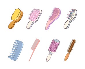 Collection of hair combs and brushes for hair. Vector set of combs isolated on white background. Barber accessories. Hairdressing tools.Vector illustration. Fashionable funny combs. Barbershop