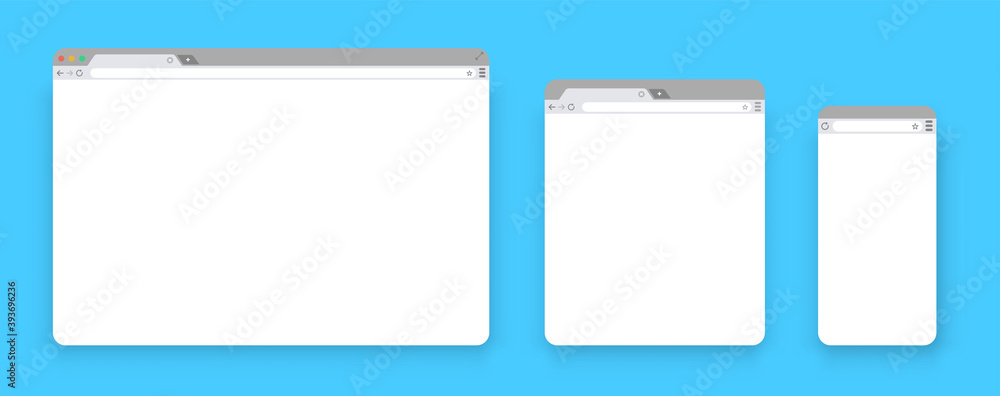 Poster Browser mockups. Set of Flat blank browser windows for different devices. Template Browser window on your PC, tablet and mobile phone. Empty web page mockup with toolbar. Vector illustration 