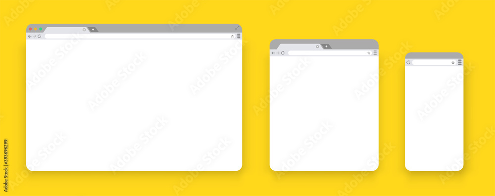 Poster Browser mockups. Set of Flat blank browser windows for different devices. Template Browser window on your PC, tablet and mobile phone. Empty web page mockup with toolbar. Vector illustration 