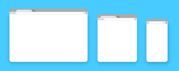 Browser mockups. Set of Flat blank browser windows for different devices. Template Browser window on your PC, tablet and mobile phone. Empty web page mockup with toolbar. Vector illustration 