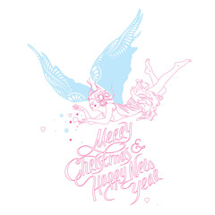 Flying girl with heart wishes you Merry Christmas and Happy New Year. Blue colored vector illustration isolated on white background.