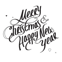 Black and White vector illustration of small hearts and text Merry Christmas and Happy New Year isolated on white background. Nice fonts for New Year's card.