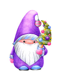 The gnome holds a Christmas tree in his hands. Cute Scandinavian gnome in purple clothes. Watercolor illustration isolated on white background.