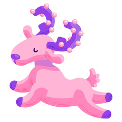 Pink christmas deer on white isolated backdrop. Christmas holiday mascot for invitation or gift card, notebook, bath tile, scrapbook. Phone case or cloth print. Flat style stock vector illustration