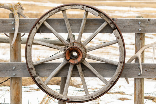Old and weather worn wagon wheel adorns a fence on a ranch in the Grasslands region of Alberta
