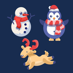 Snowman, deer and penguin on navy blue backdrop. Christmas holiday postcard for invitation or gift card, notebook, bath tile, scrapbook. Phone case or cloth print. Flat style stock vector illustration