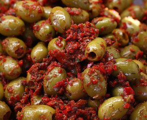 Pickled green olives with tomato on retail display