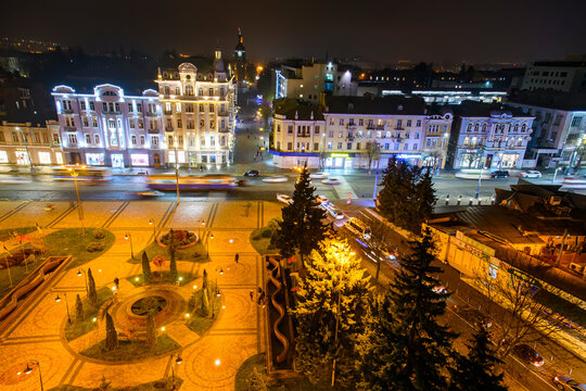 Night aerial panoramic of the Soborna street in the historical center of Vinnytsia, Ukraine. November 2020