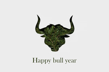 Happy bull year. Christmas tendy card 2021.  silhouette of a green bull with a Christmas trees on its body. Chinese Zodiac. Chinese new year 2021. paper cut style. paper cut bull.