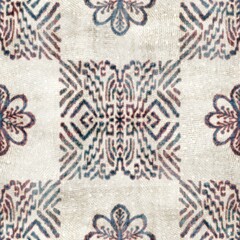 Seamless grungy tribal ethnic tapestry rug motif pattern. High quality illustration. Distressed old looking native style design in faded colors. Old artisan textile seamless pattern.