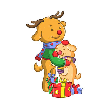 The dear doll hugging the yellow dog beside the Christmas gifts