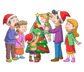 The family decor their Christmas tree with the ribbon and lamp