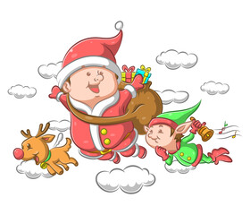 The Santa Claus with little elf flying for giving the gift to the children