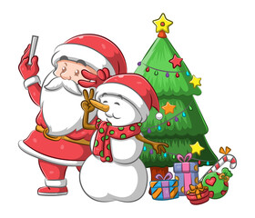 The Santa Claus and mr snowman doing the selfie together near the Christmas tree