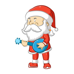 The Santa Claus with the long white beard holding the blue banjo