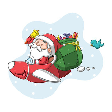 The Santa Claus using the red plane to giving the gift in the Christmas night